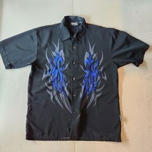Dragonfly Mens Vintage Rockabilly Black Blue Embroidered Flames Button Up XL